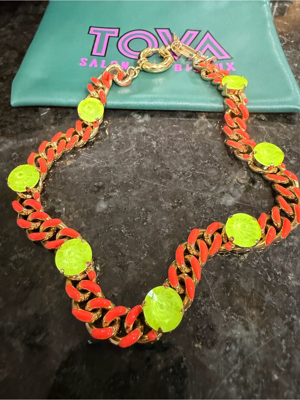 Neon Lime & Coral Enamel Chain Necklace